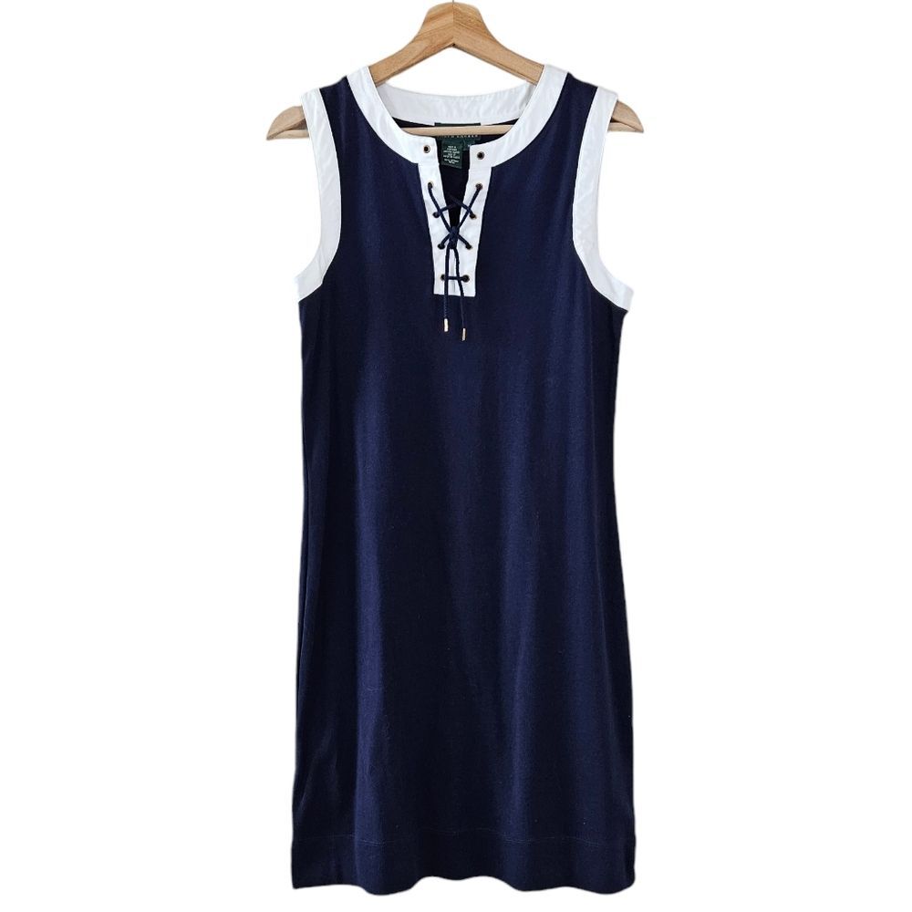 LAUREN Ralph Lauren Navy Blue Lace Up Sleeveless Dress womens size M nautical